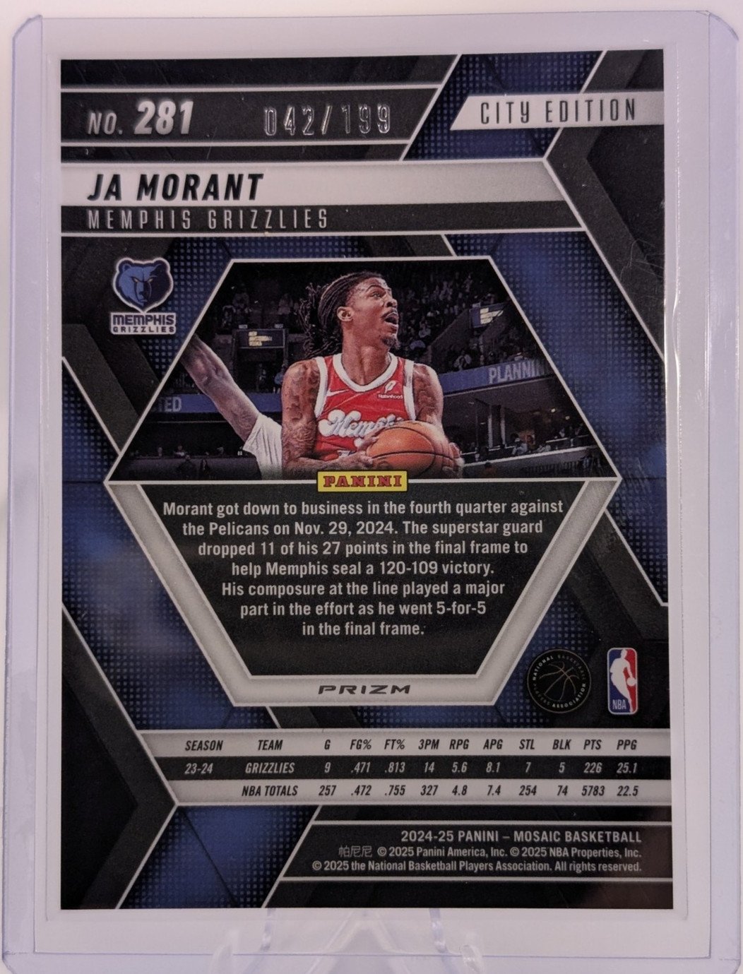 Back of 2024-25 Panini Mosaic #281 Ja Morant Blue Mosaic #/199