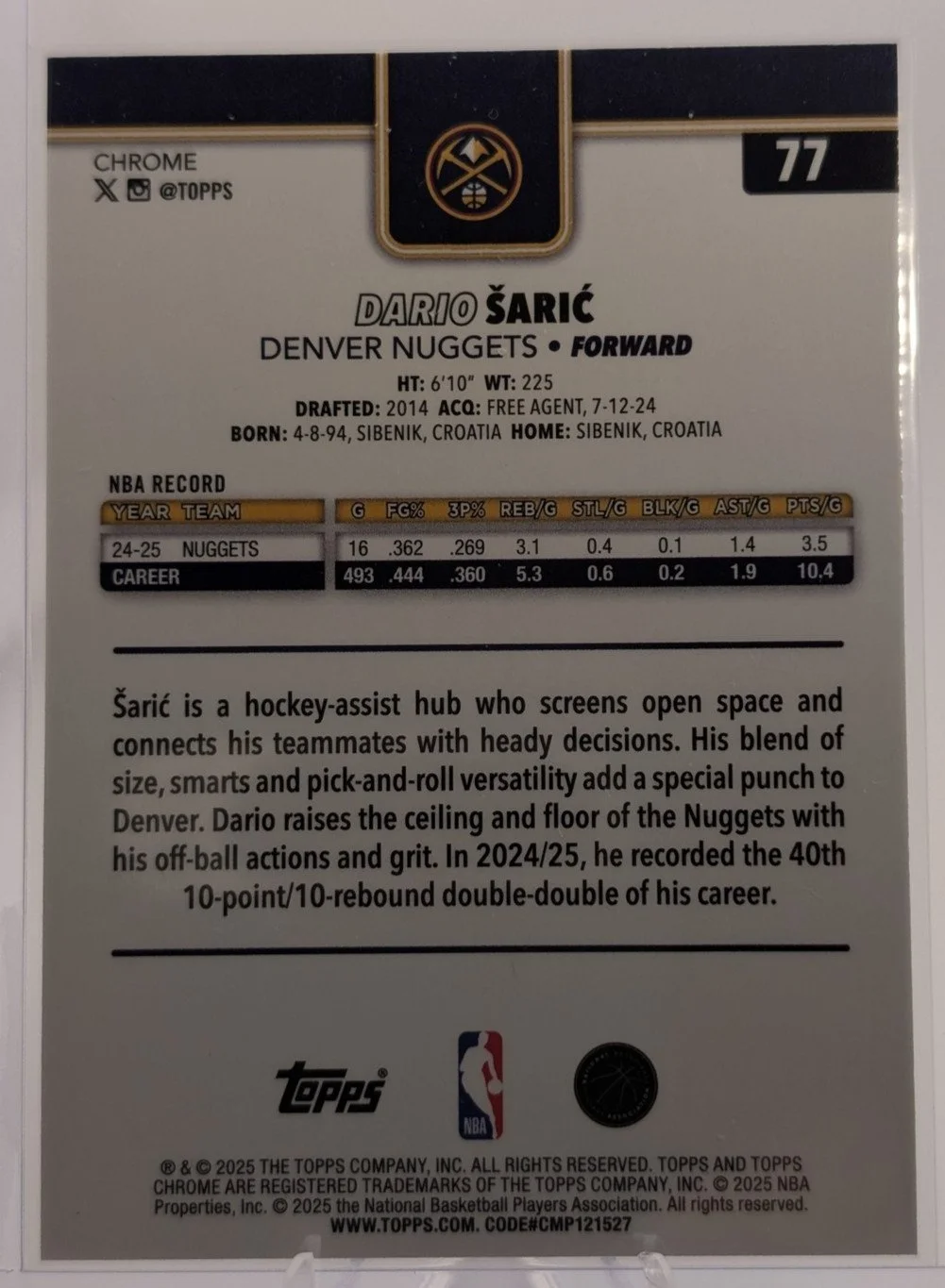 Back of 2025-26 Topps Chrome #77 Dario Šarić Green Basketball Refractor #/99