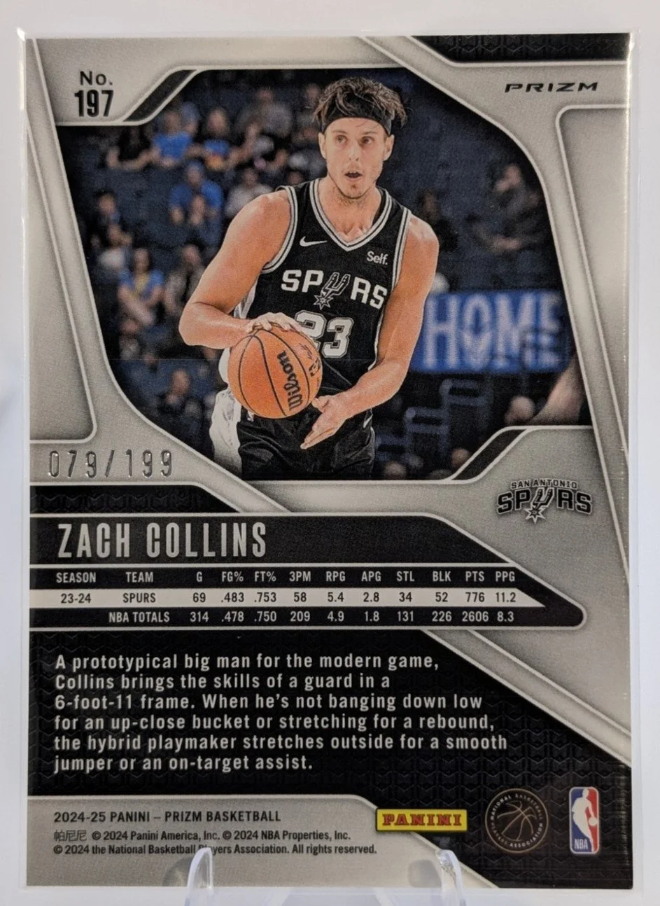 Back of 2024-25 Panini Prizm #197 Zach Collins Prizms Orange Seismic #/199