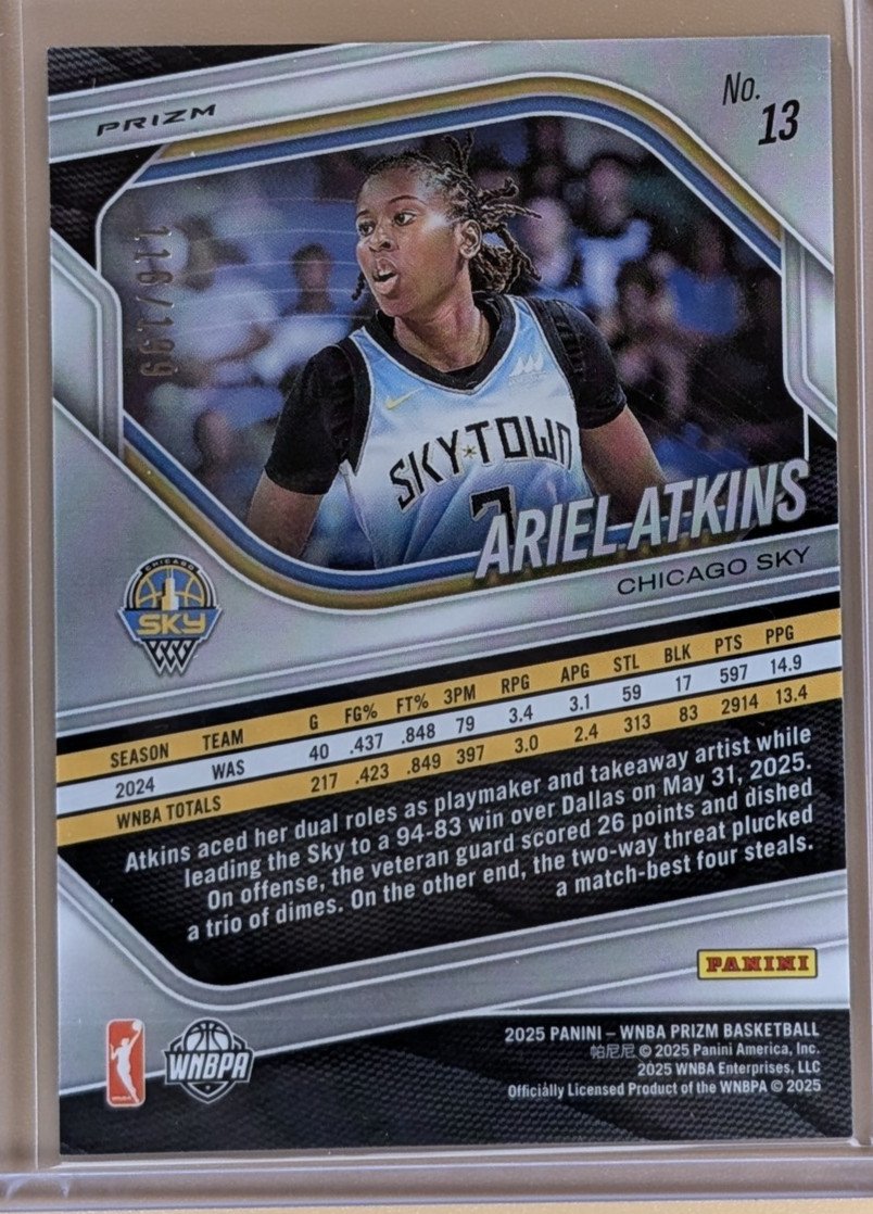 Back of 2025 Panini Prizm WNBA #13 Ariel Atkins Blue Prizms #/199