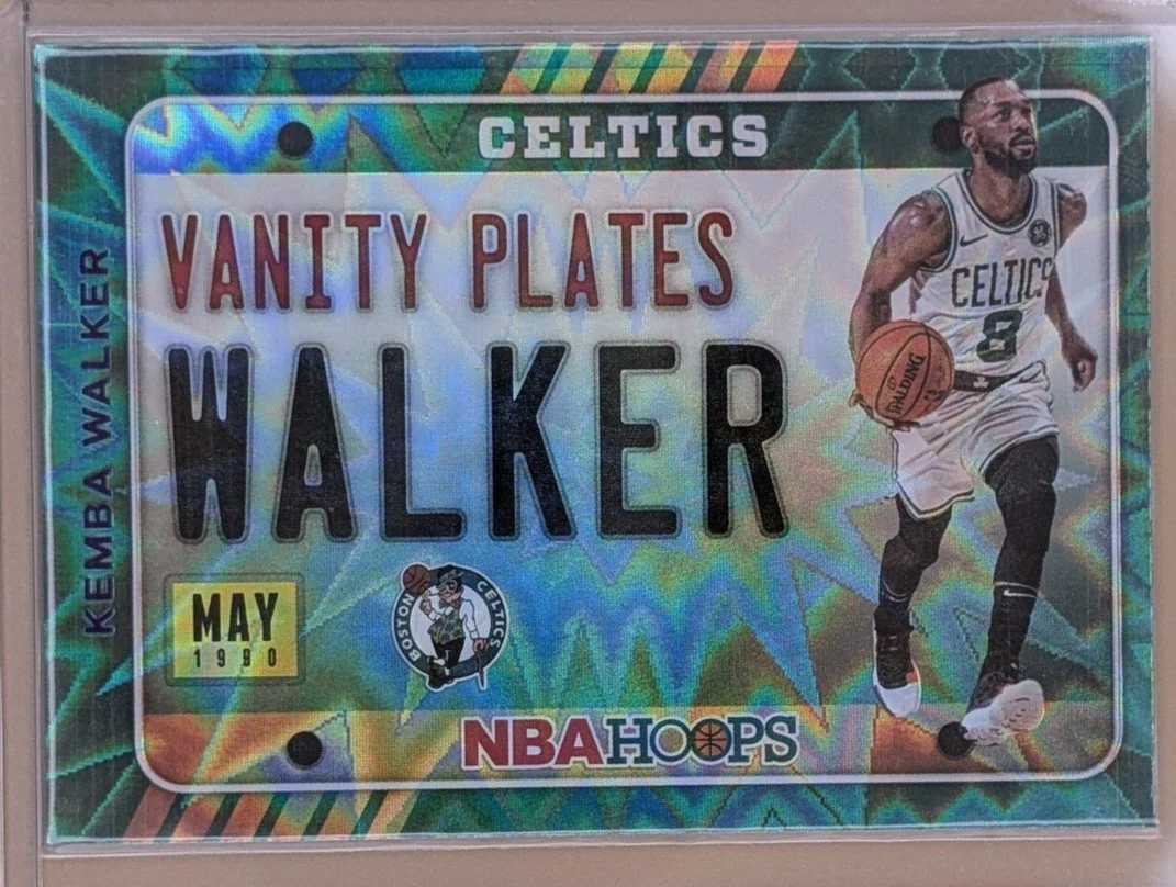 Front of 2020-21 Hoops #18 Kemba Walker Vanity Plates Green Explosion