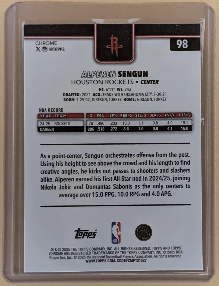 Back of 2025-26 Topps Chrome #98 Alperen Sengun Refractor
