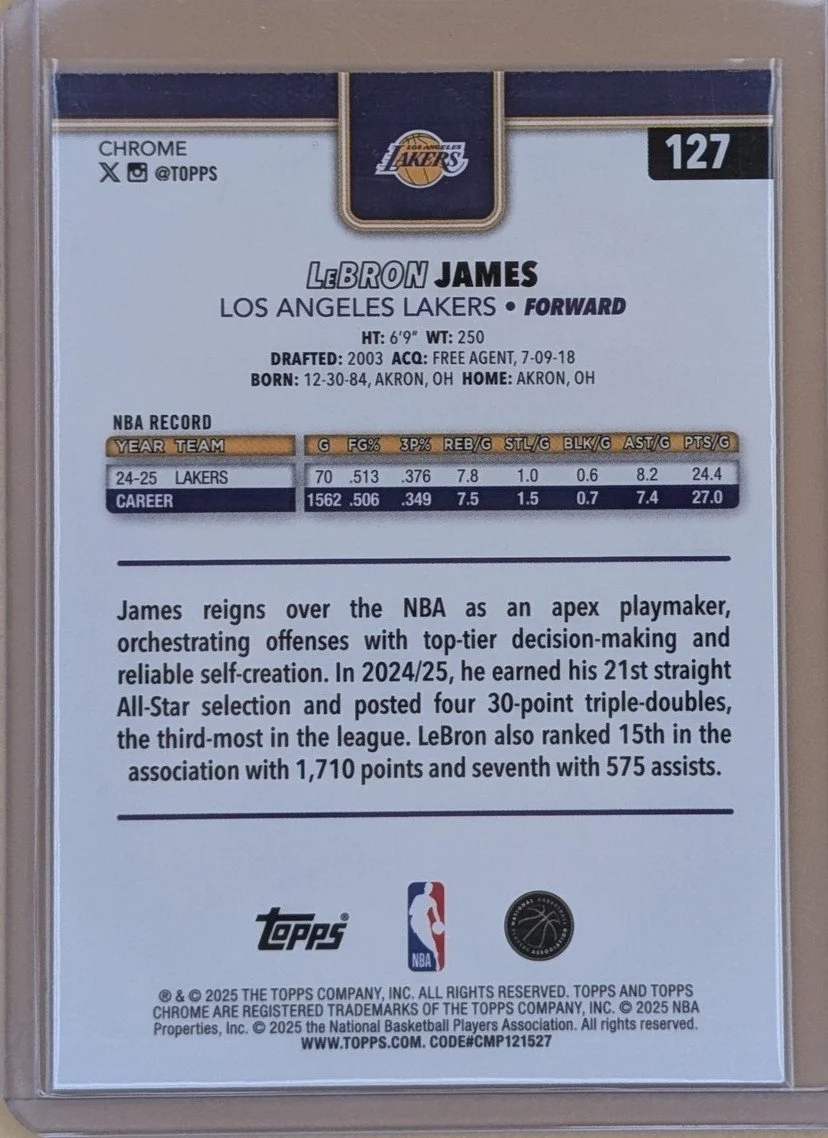 Back of 2025-26 Topps Chrome #127 LeBron James