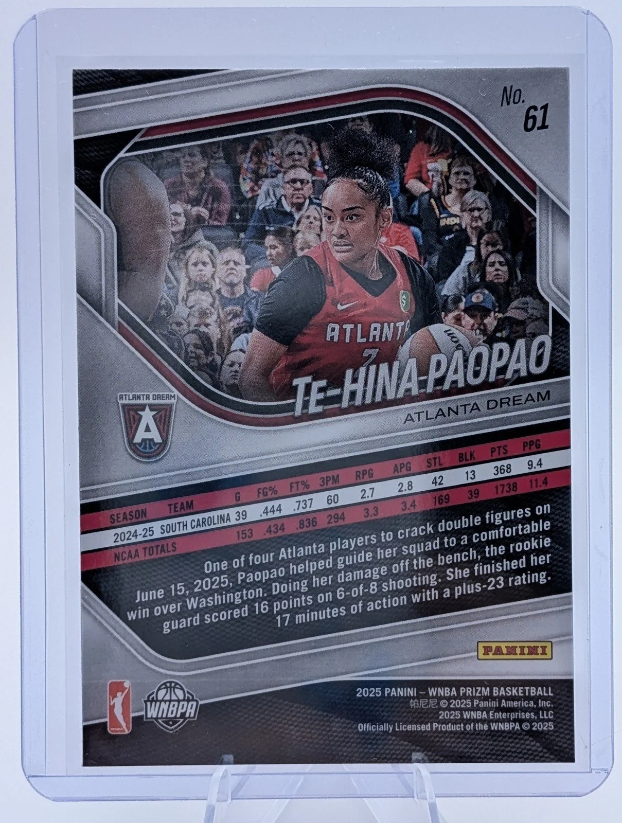 Back of 2025 Panini Prizm WNBA #61 Te-Hina Paopao Silver Prizms