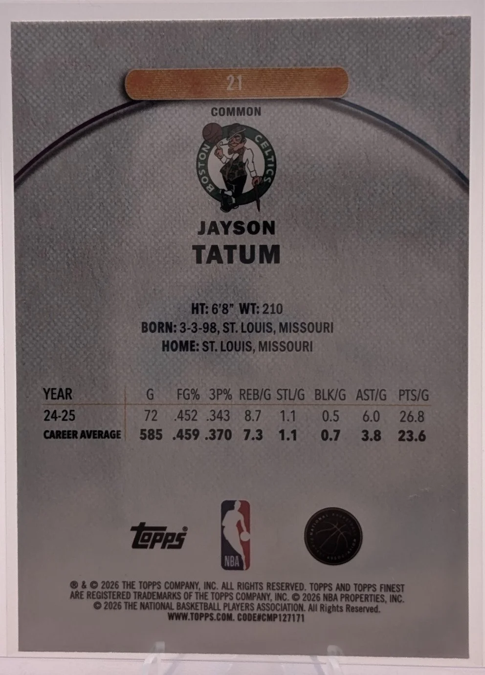 Back of 2025-26 Finest #21 Jayson Tatum Oil Spill