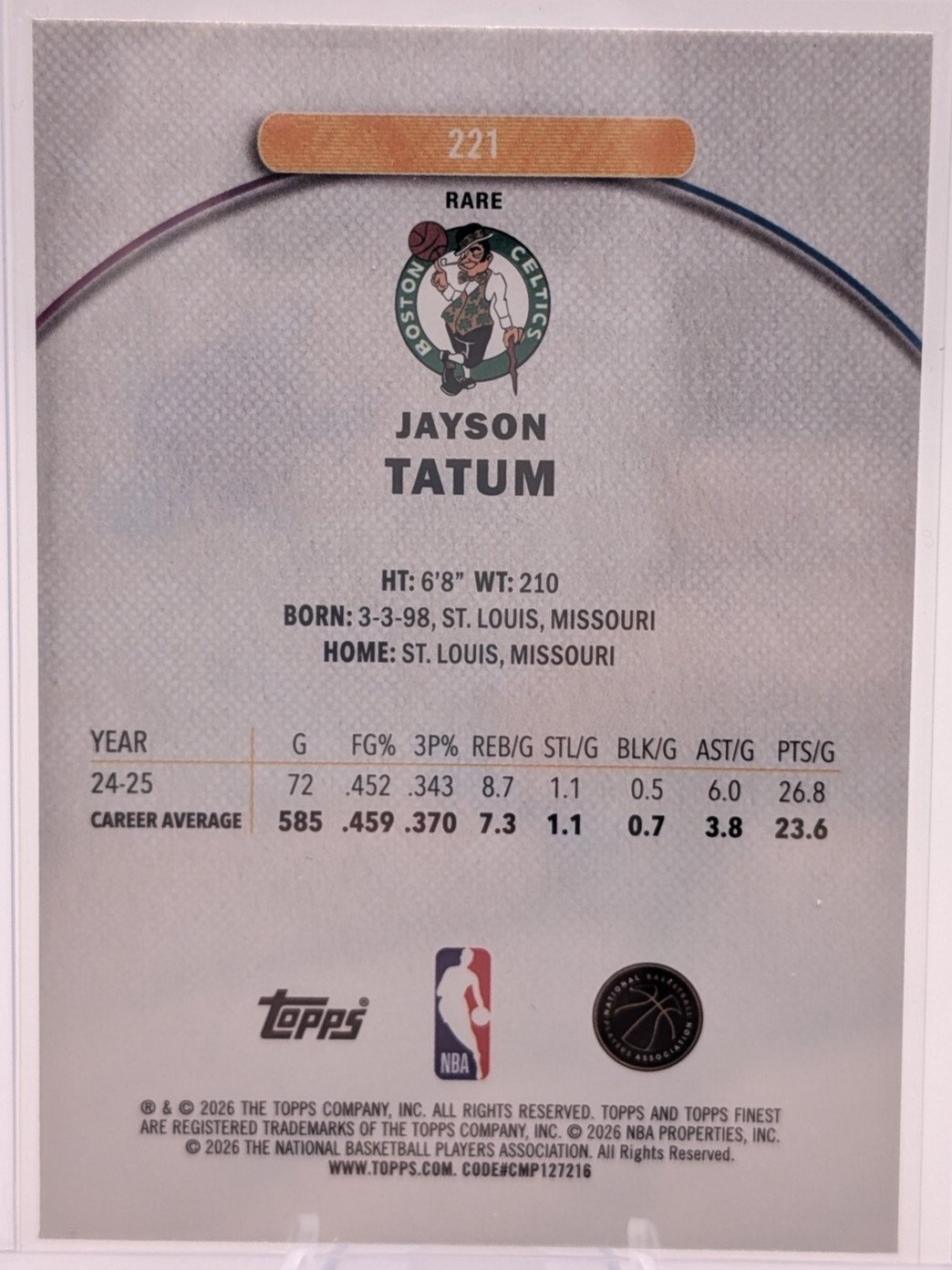 Back of 2025-26 Finest #221 Jayson Tatum RARE
