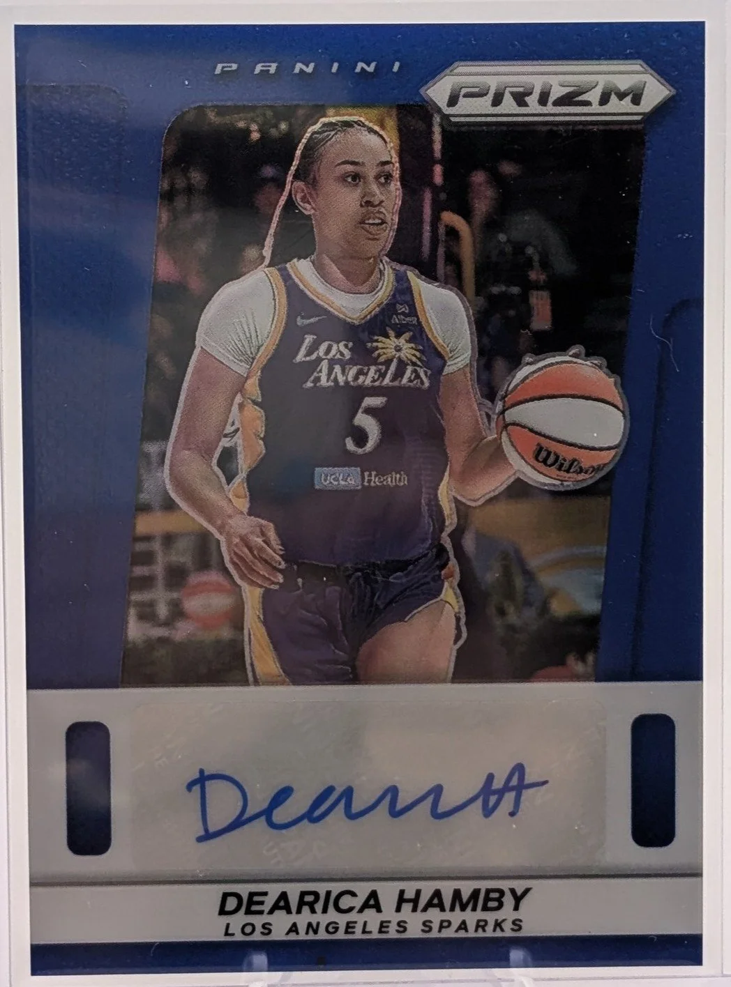 Front of 2025 Panini WNBA Prizm #TB-DH Dearica Hamby Throwback Signatures Blue /75 Auto