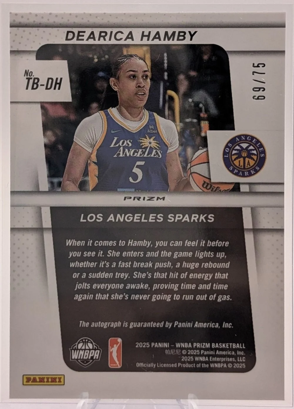 Back of 2025 Panini WNBA Prizm #TB-DH Dearica Hamby Throwback Signatures Blue /75 Auto