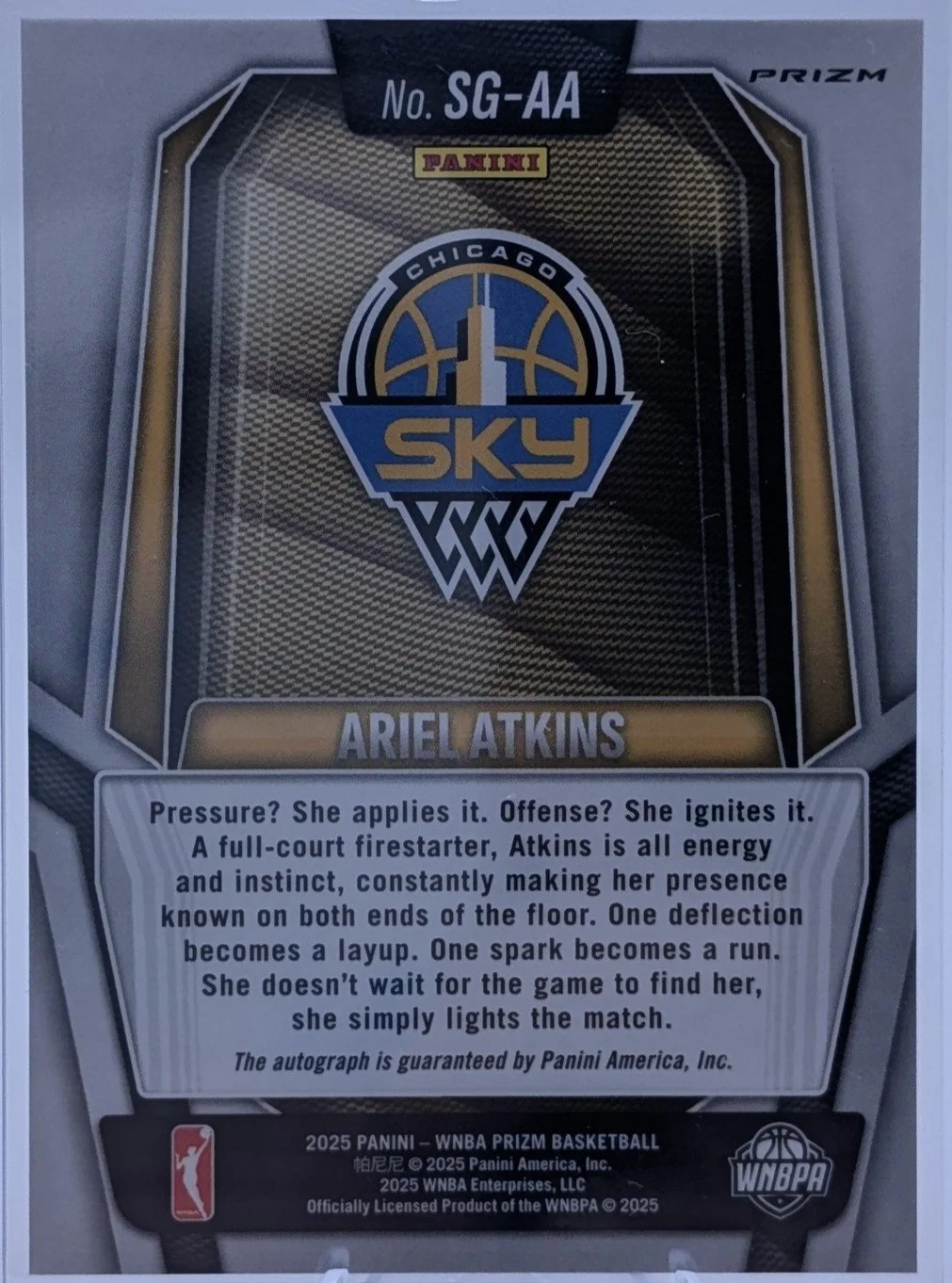 Back of 2025 Panini WNBA Prizm Ariel Atkins Silver Prizm Auto #SG-AA
