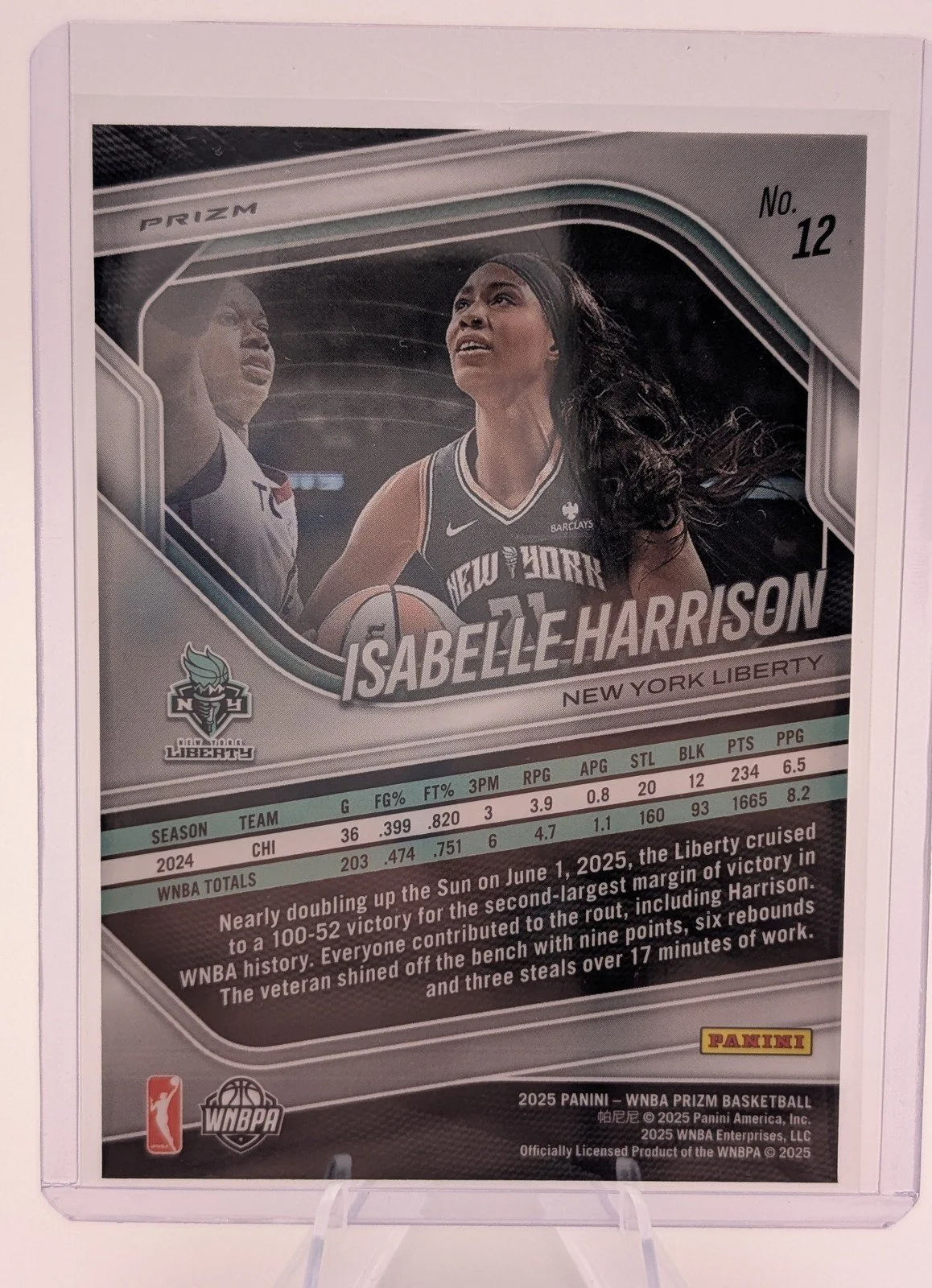 Back of 2025 Panini Prizm WNBA #12 Isabelle Harrison Silver Prizms