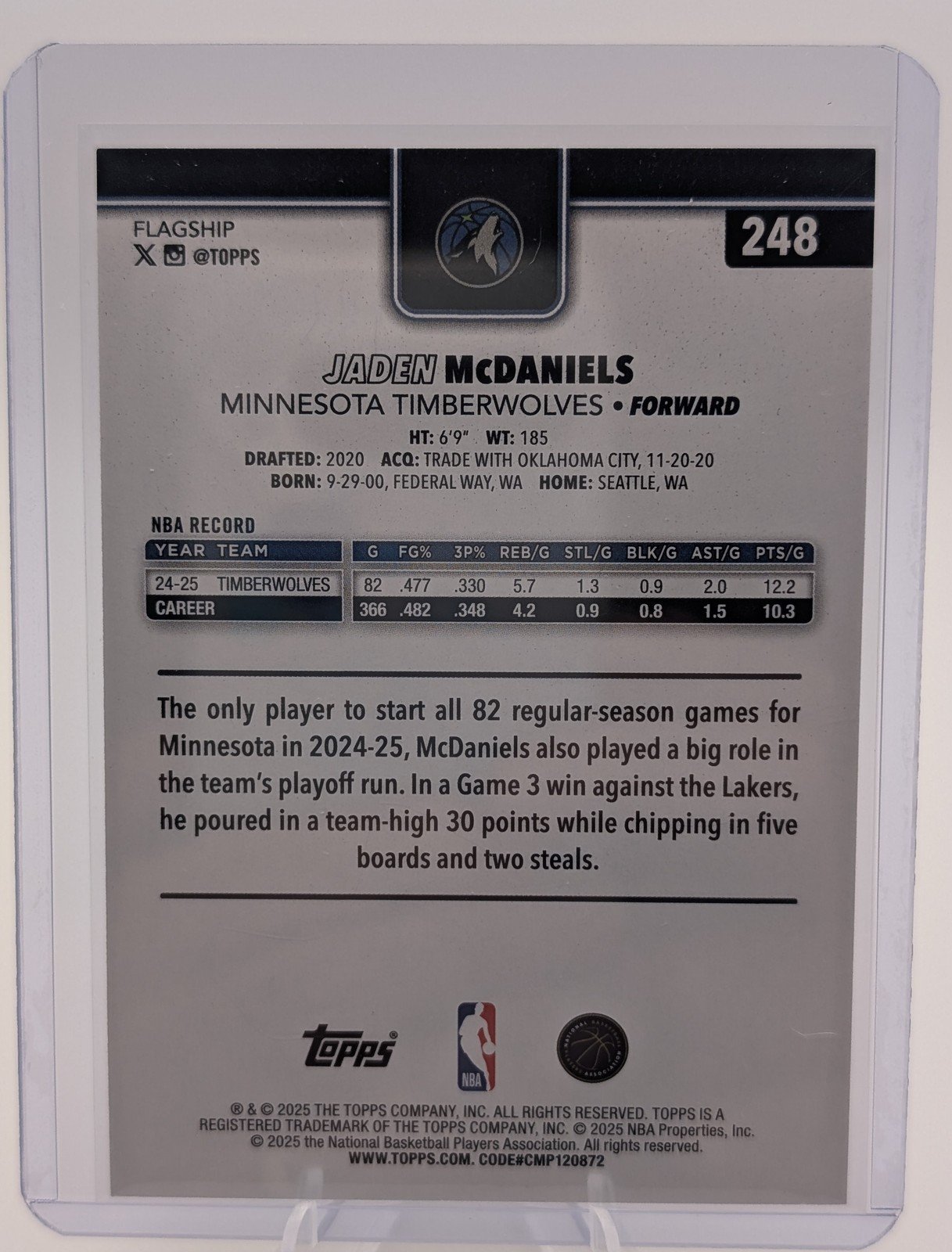 Back of 2025-26 Topps #248 Jaden McDaniels Crackleboard