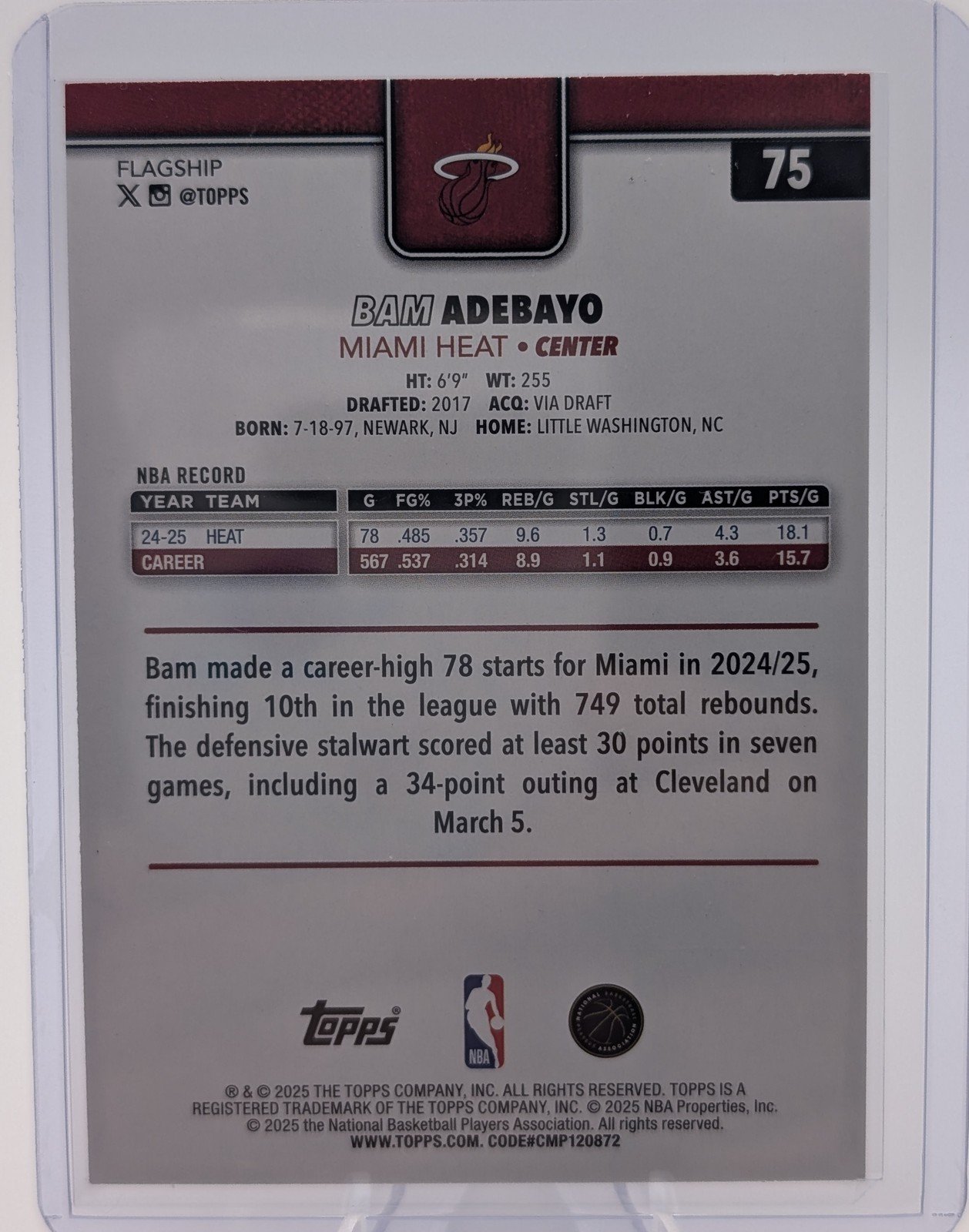 Back of 2025-26 Topps #75 Bam Adebayo Blue Rainbow #/150