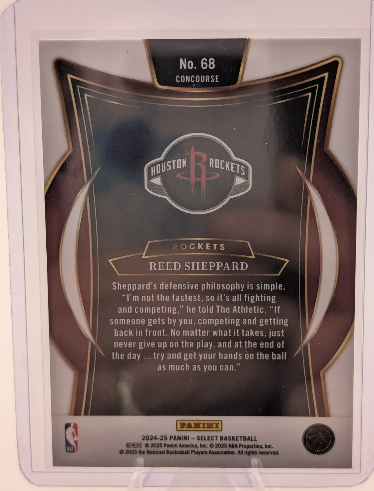 Back of 2024-25 Panini Select #68 Reed Sheppard Blue Rookie (RC)