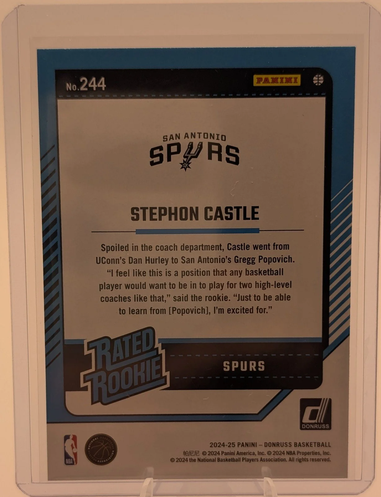 Back of 2024-25 Donruss #244 Stephon Castle Rated Rookie