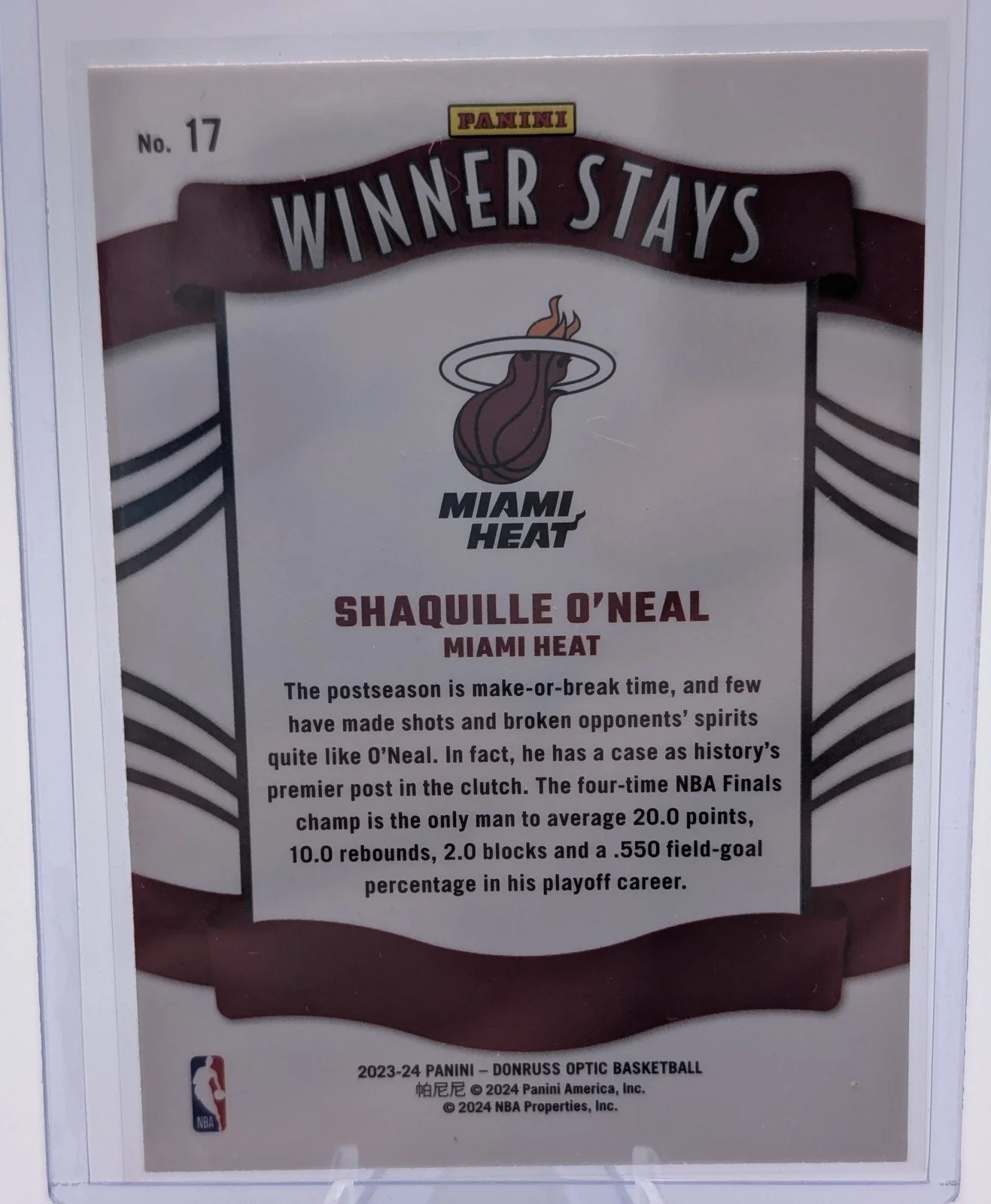 Back of 2023-24 Donruss Optic #17 Shaquille O'Neal Winner Stays Holo