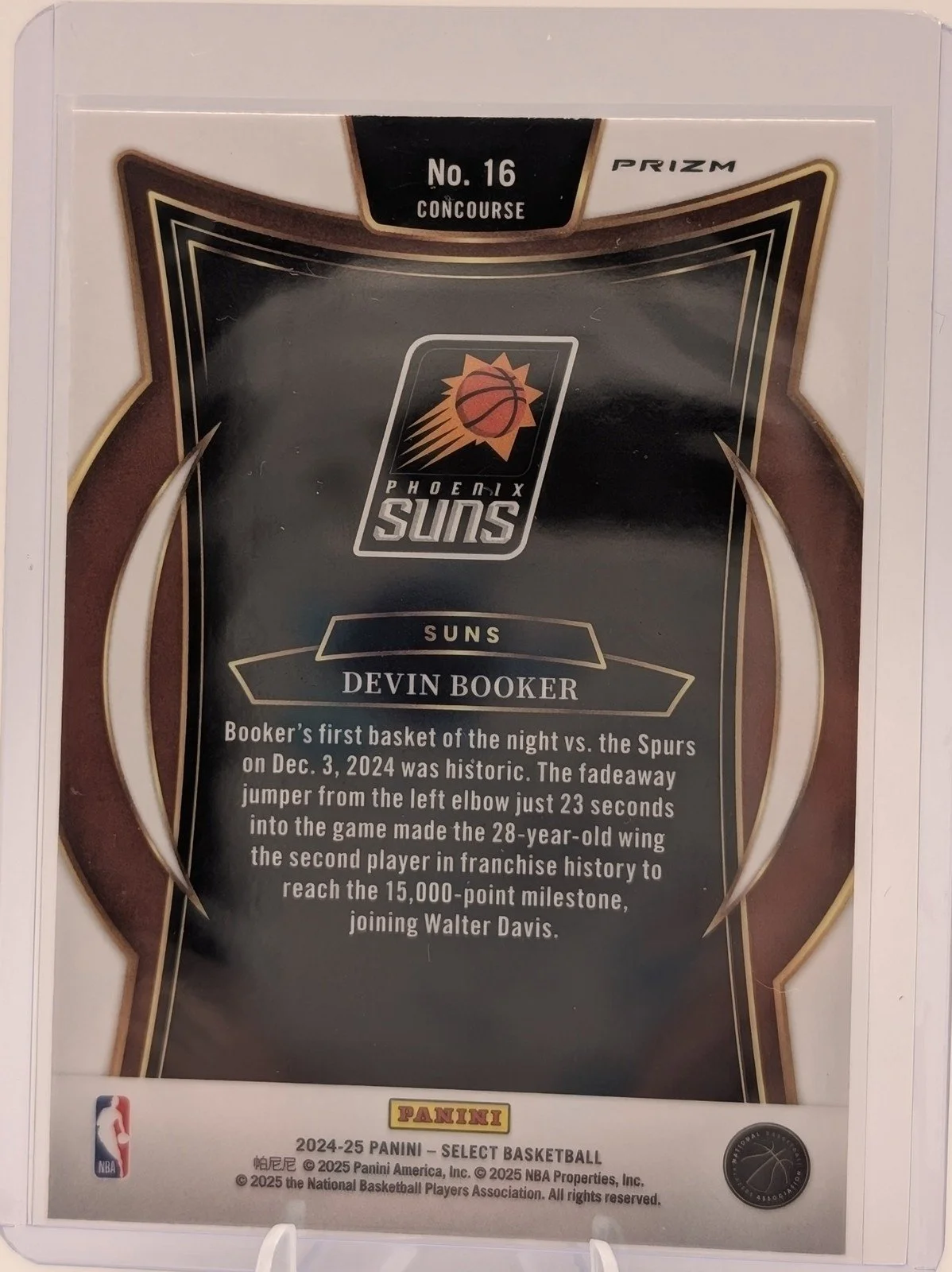 Back of 2024-25 Panini Select #16 Devin Booker Blue Cracked Ice Prizm