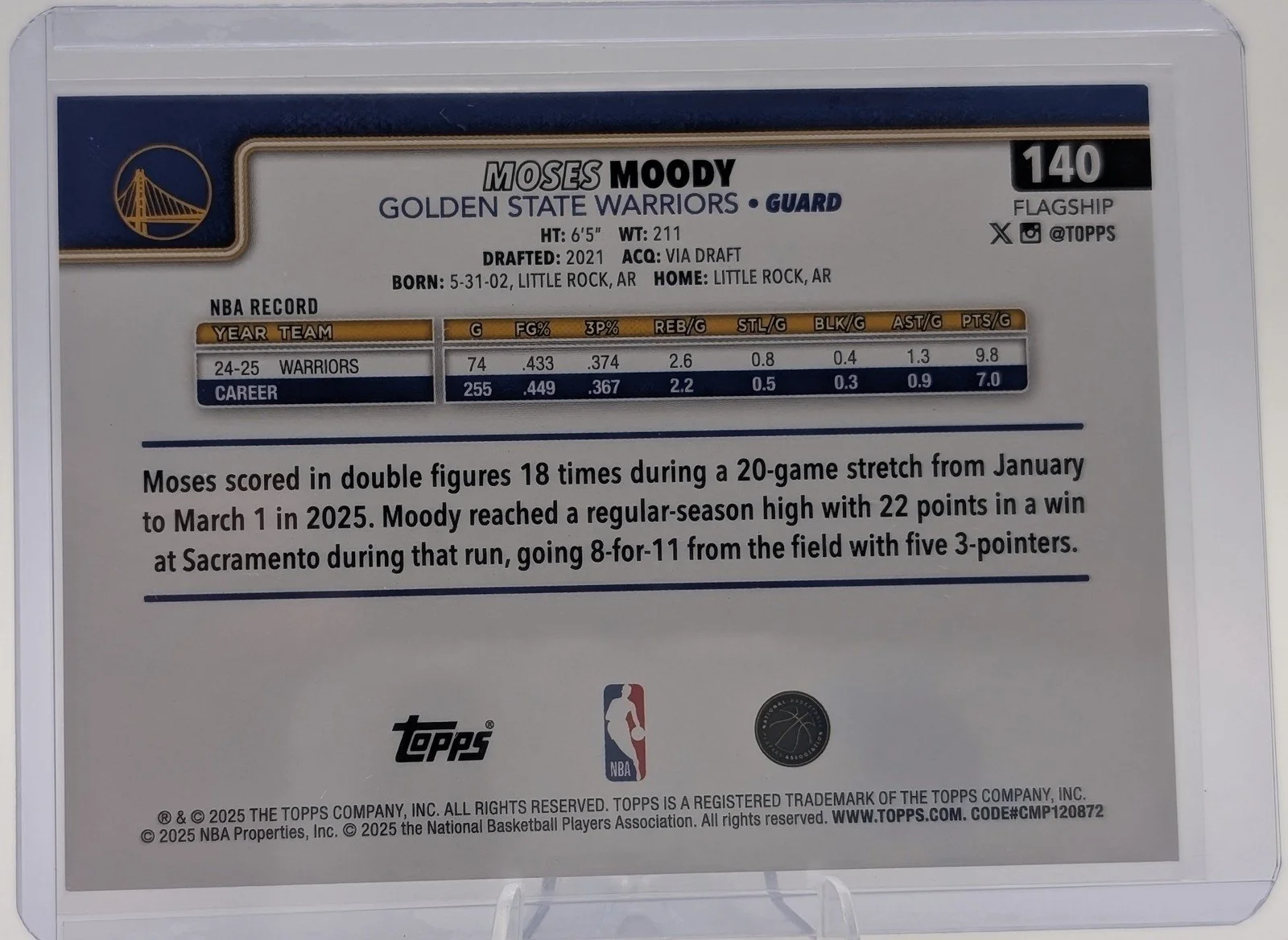 Back of 2025-26 Topps #140 Moses Moody