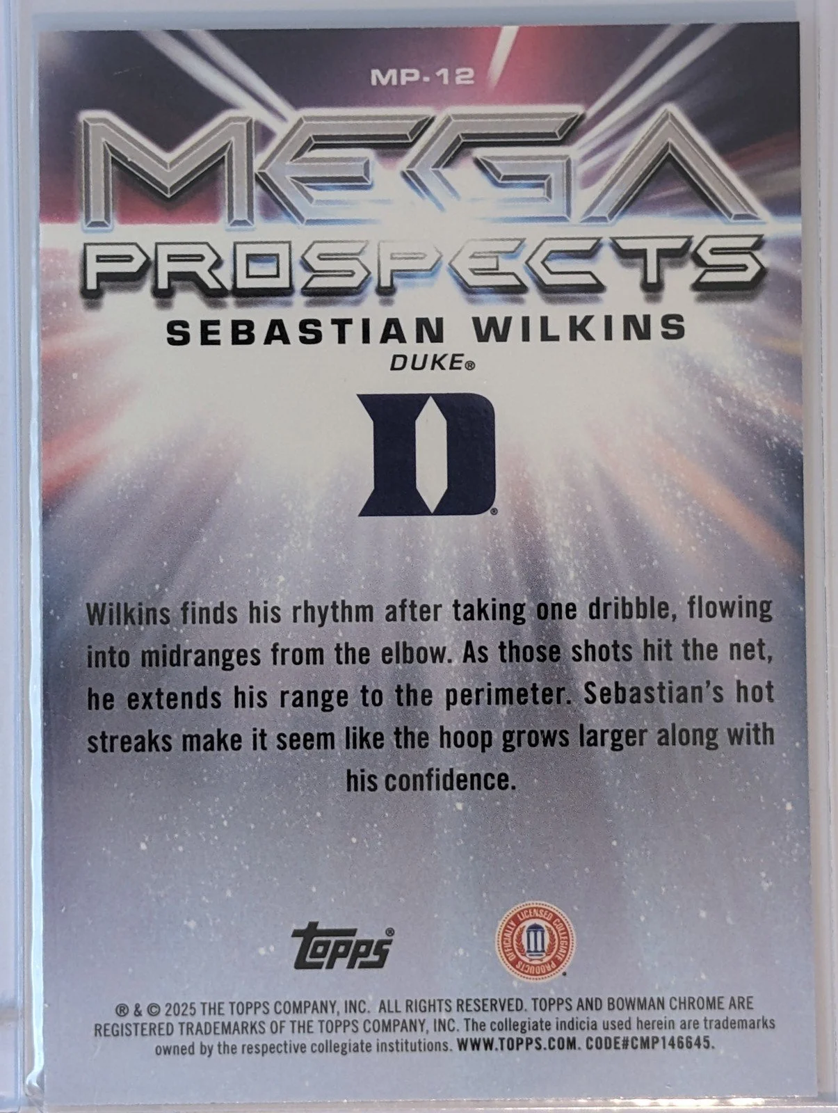 Back of 2025-26 Bowman #MP-12 Sebastian Wilkins Mega Prospects