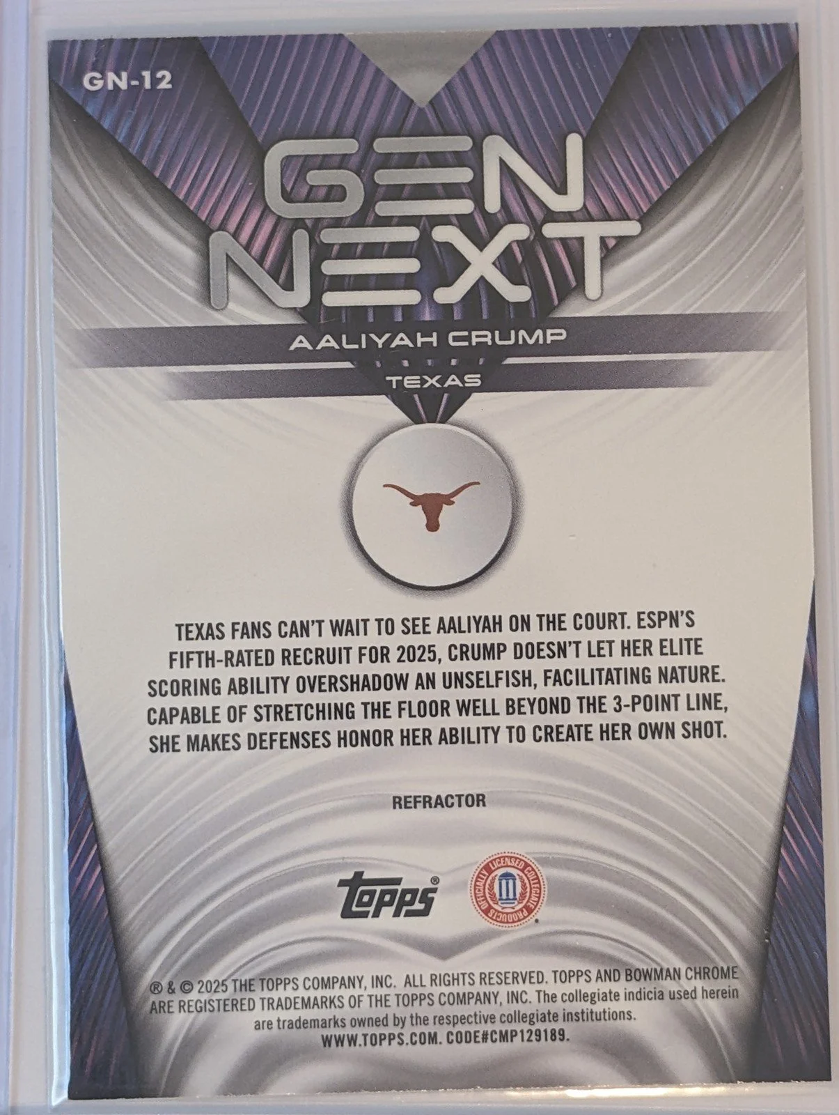 Back of 2025-26 Bowman #GN-12 Aaliyah Crump Gen Next Refractor
