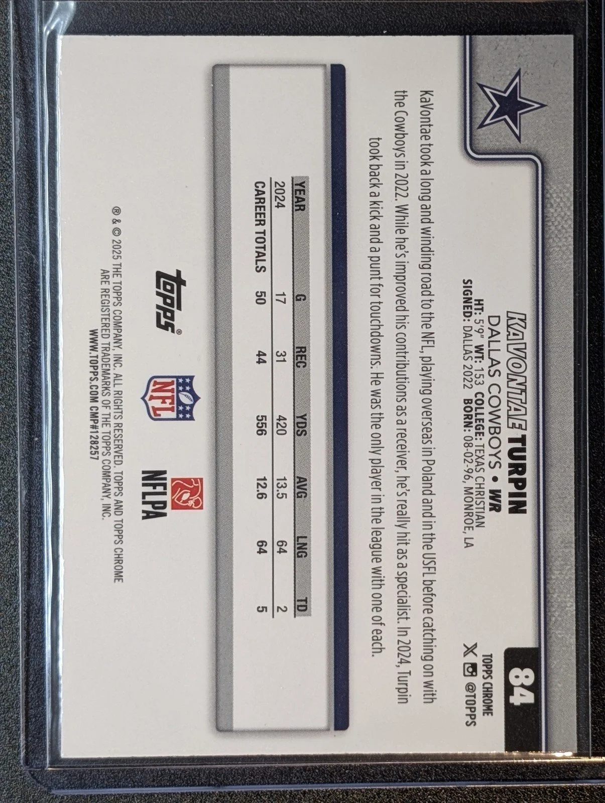 Back of 2025 Topps Chrome #84 KaVontae Turpin X-Fractor