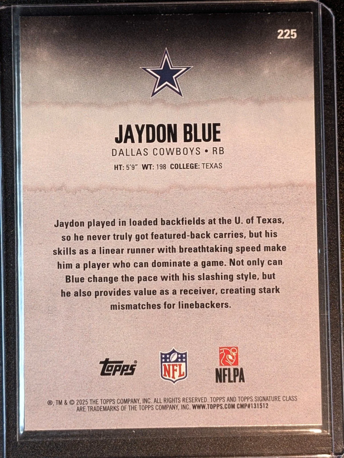 Back of 2025 Topps Signature Class #225 Jaydon Blue Green & Purple