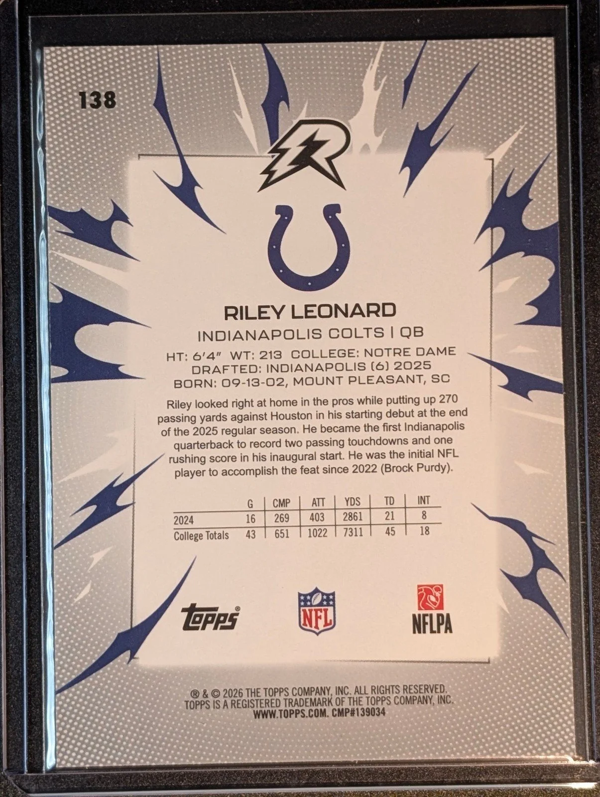 Back of 2025 Topps Resurgence #138 Riley Leonard