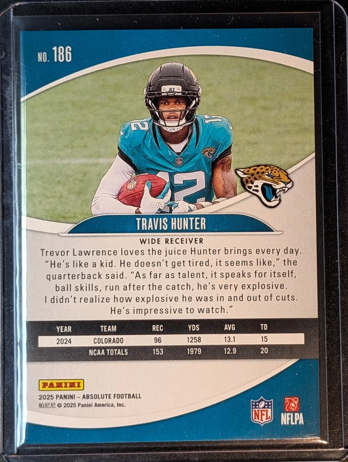 Back of 2025 Panini Absolute #186 Travis Hunter Rookie