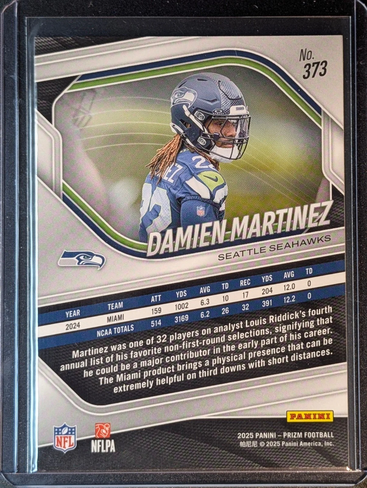 Back of 2025 Panini Prizm #373 Damien Martinez Rookie