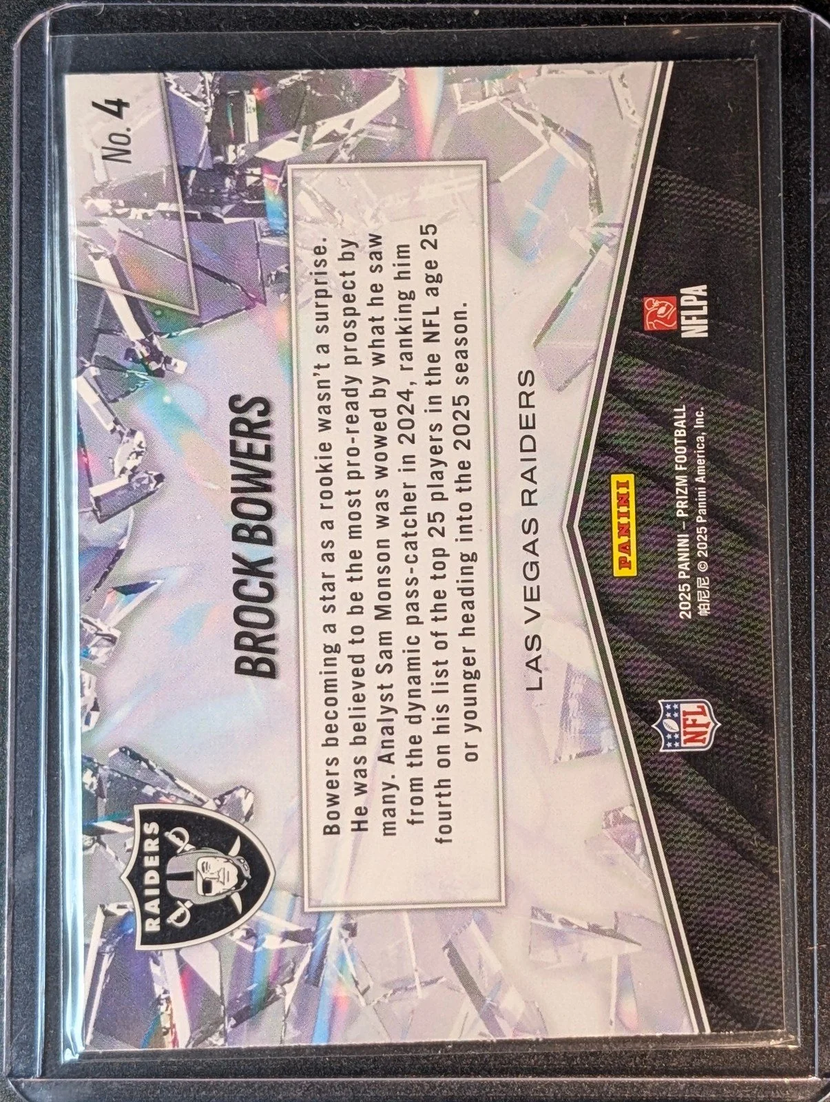 Back of 2025 Panini Prizm #4 Brock Bowers Prizm Break