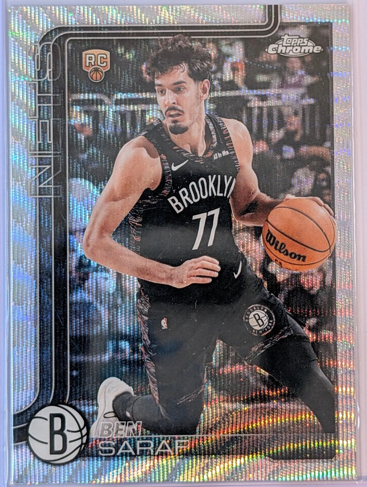 Front of 2025-26 Topps Chrome Update #176 Ben Saraf Wave Refractor