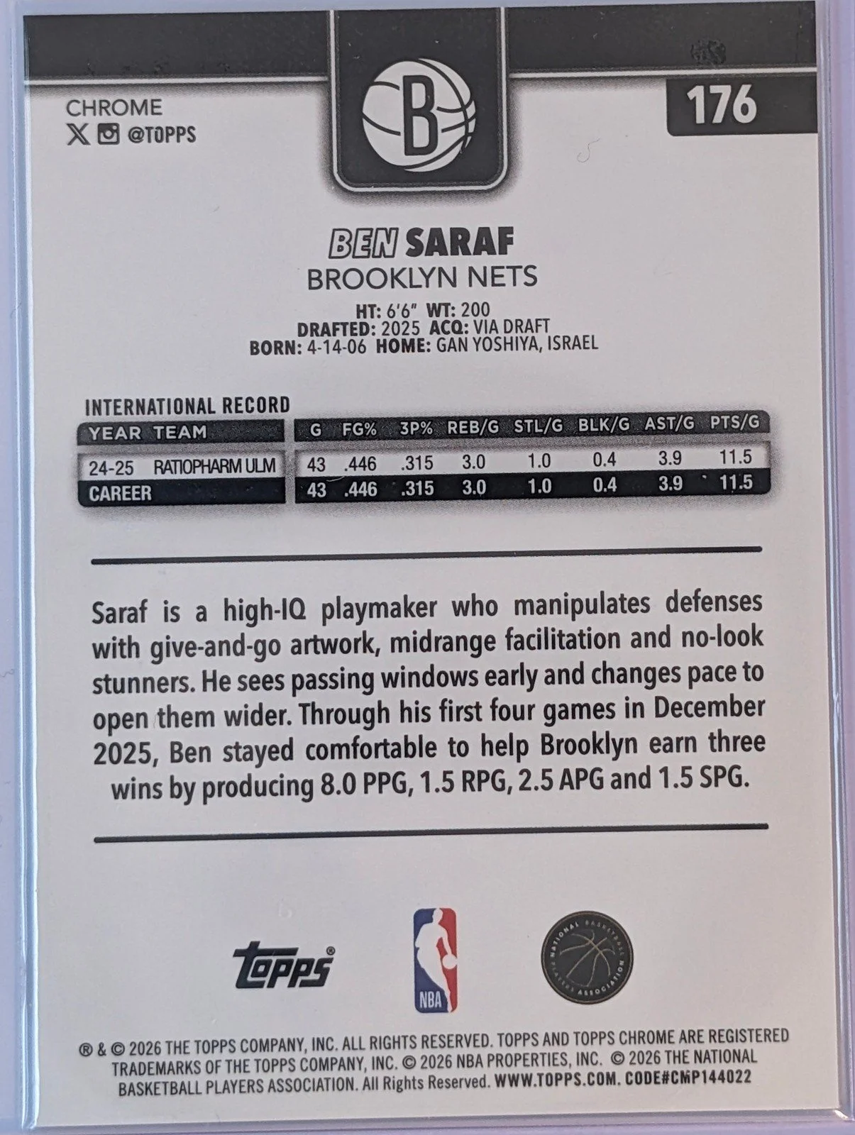 Back of 2025-26 Topps Chrome Update #176 Ben Saraf Wave Refractor