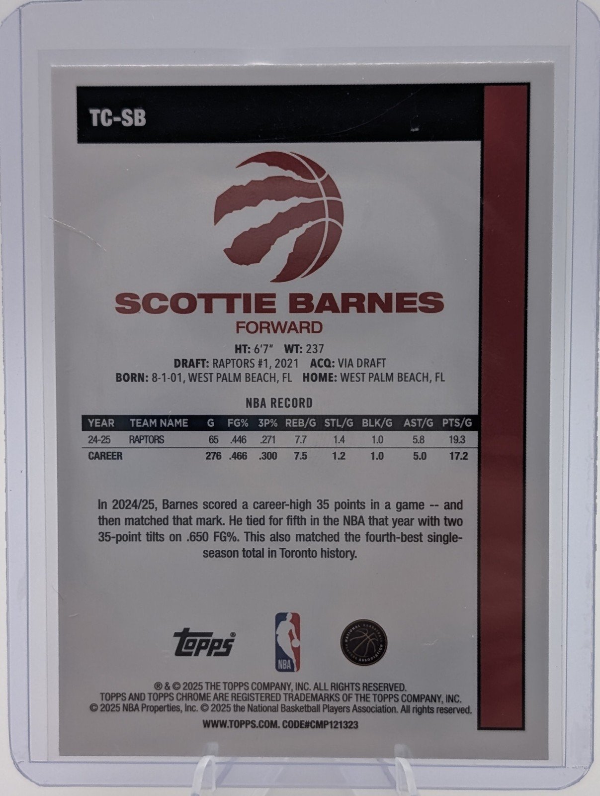 Back of 2025-26 Topps Chrome #TC-SB Scottie Barnes 1980-81 Topps Chrome Basketball