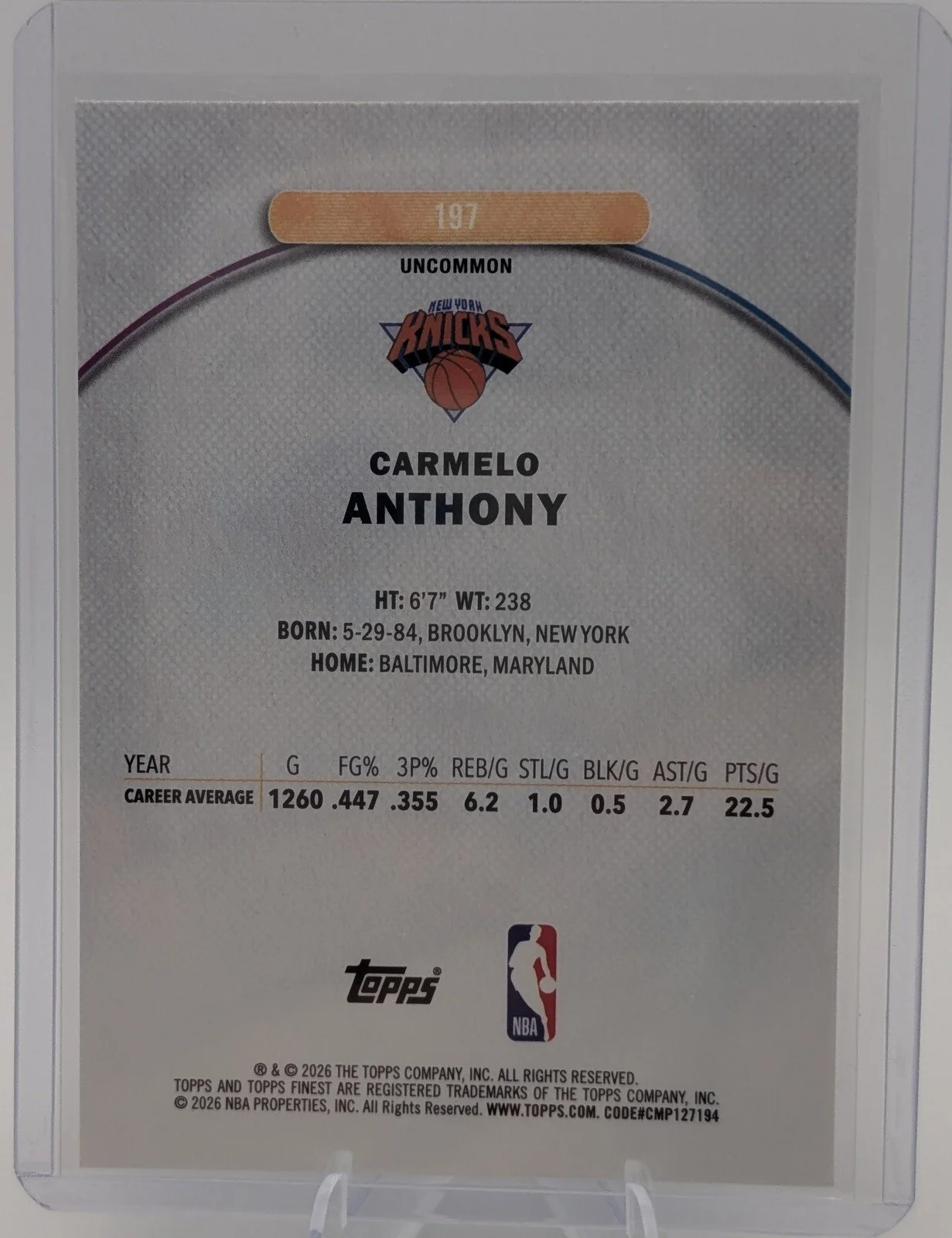 Back of 2025-26 Finest #197 Carmelo Anthony UNCOMMON