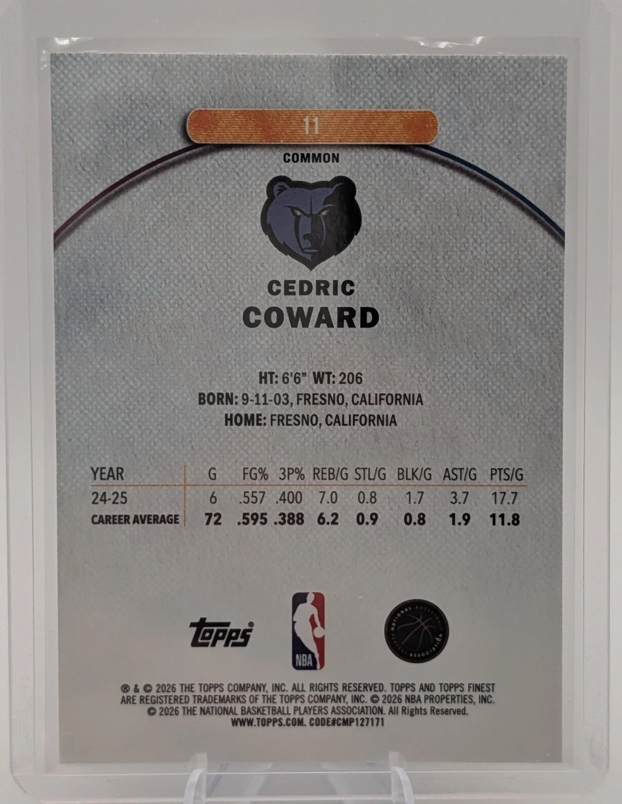 Back of 2025-26 Finest #11 Cedric Coward Oil Spill