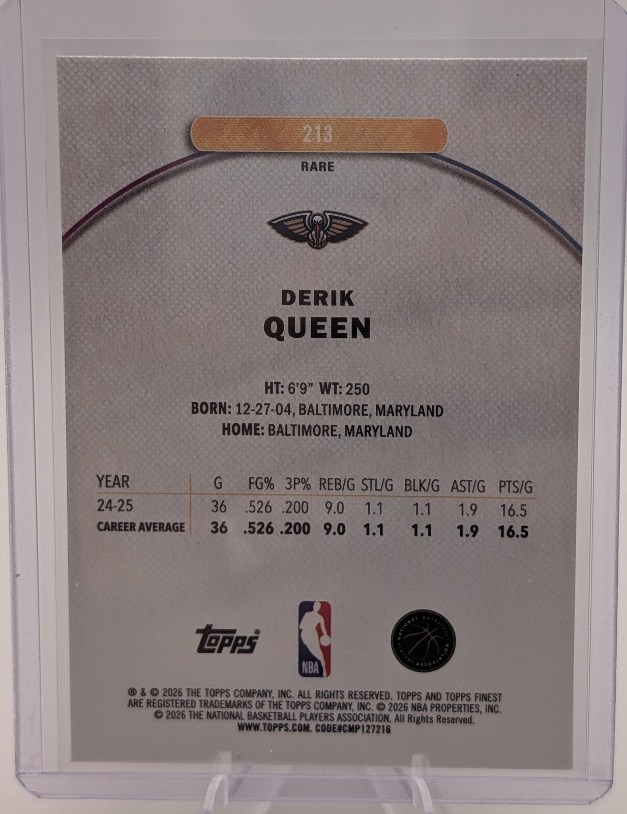 Back of 2025-26 Finest #213 Derik Queen RARE