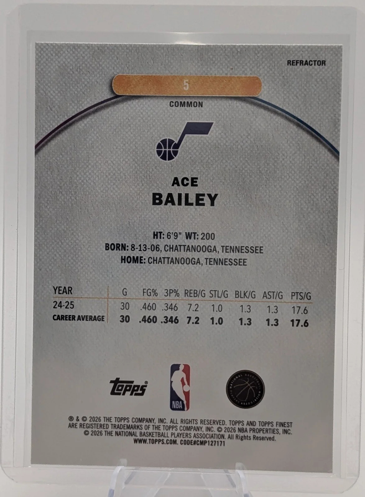 Back of 2025-26 Finest #5 Ace Bailey Refractor ROOKIE RC