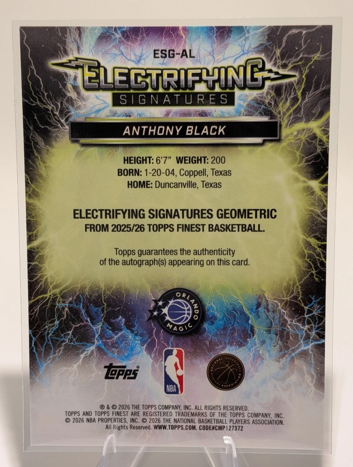 Back of 2025-26 Topps Finest Anthony Black Electrifying Signatures Geometric #ESG-AL
