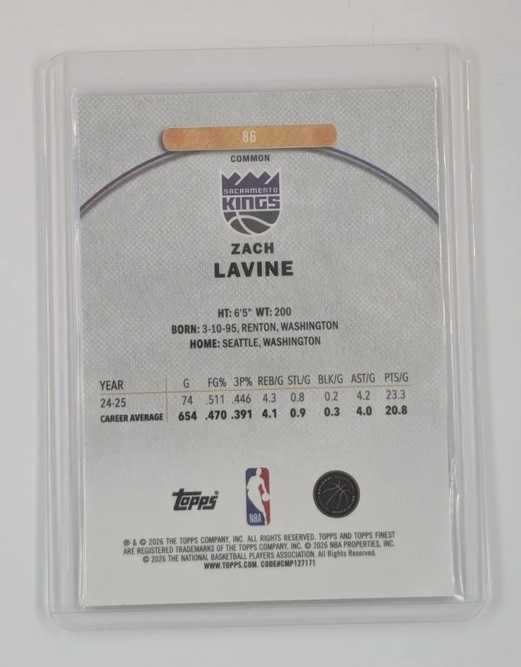 Back of 2025-26 Topps Finest #86 Zach Lavine Purple Refractor /250