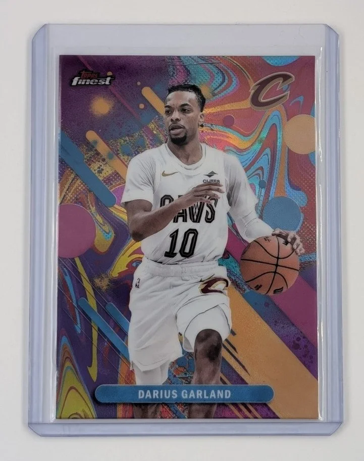 Front of 2025-26 Finest #54 Darius Garland Oil Spill Refractor