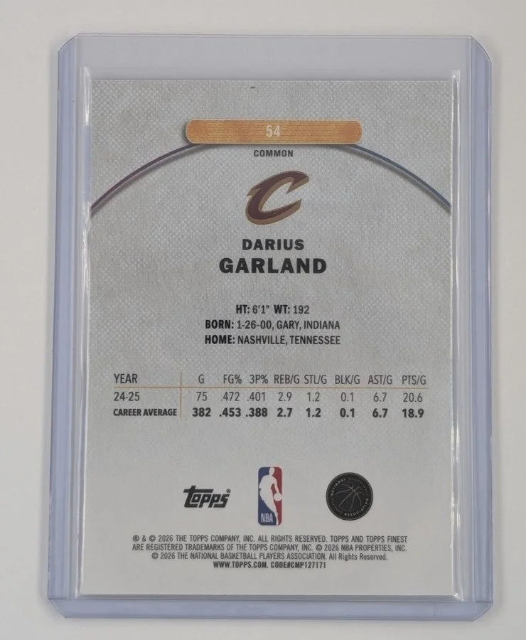 Back of 2025-26 Finest #54 Darius Garland Oil Spill Refractor