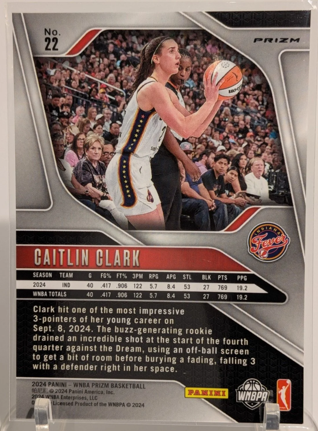Back of 2024 Panini Prizm WNBA Caitlin Clark Cracked Ice Silver Prizm RC Rookie #22