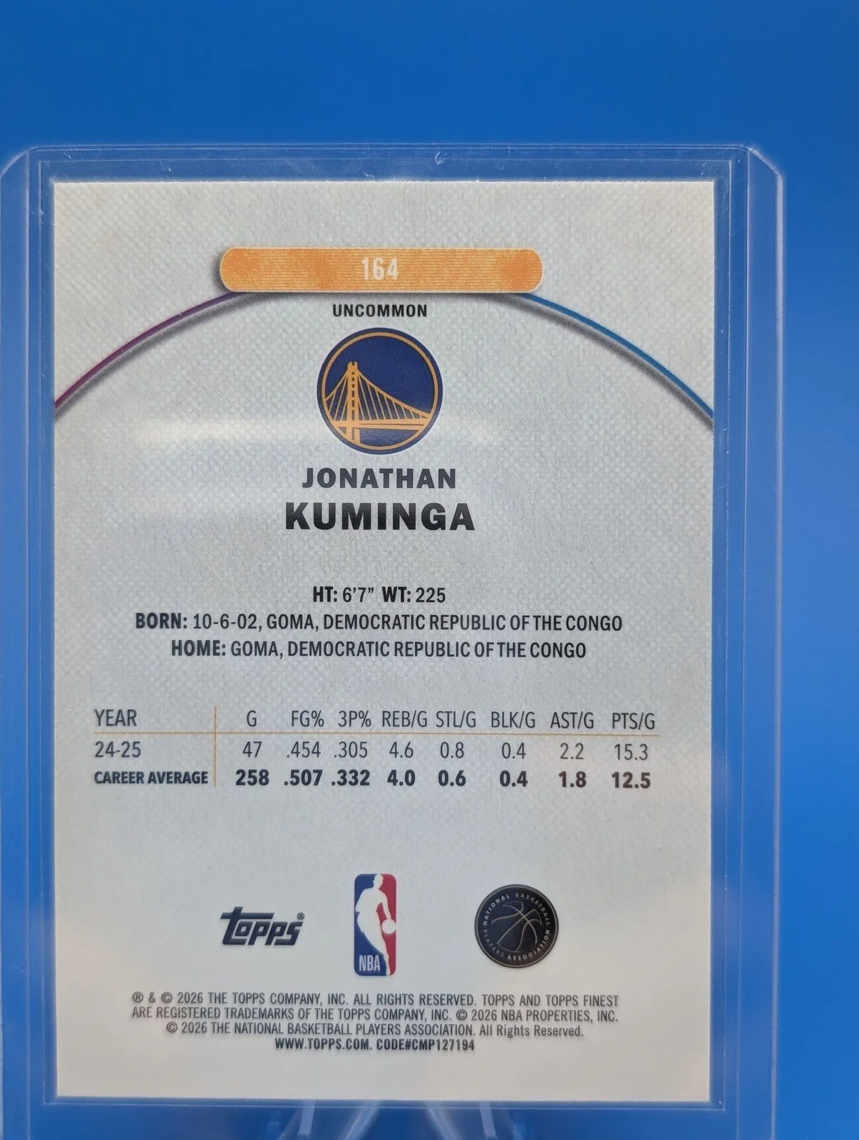 Back of 2025-26 Finest #164 Jonathan Kuminga