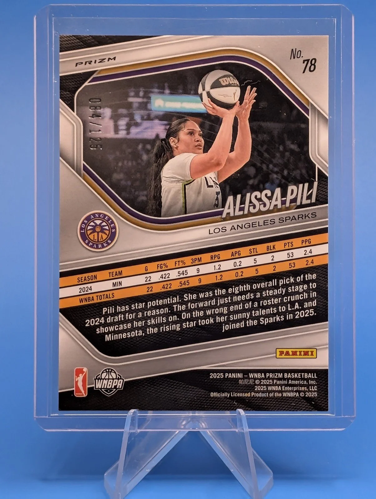 Back of 2025 Panini Prizm WNBA #78 Alissa Pili Carolina Blue Prizms #/125