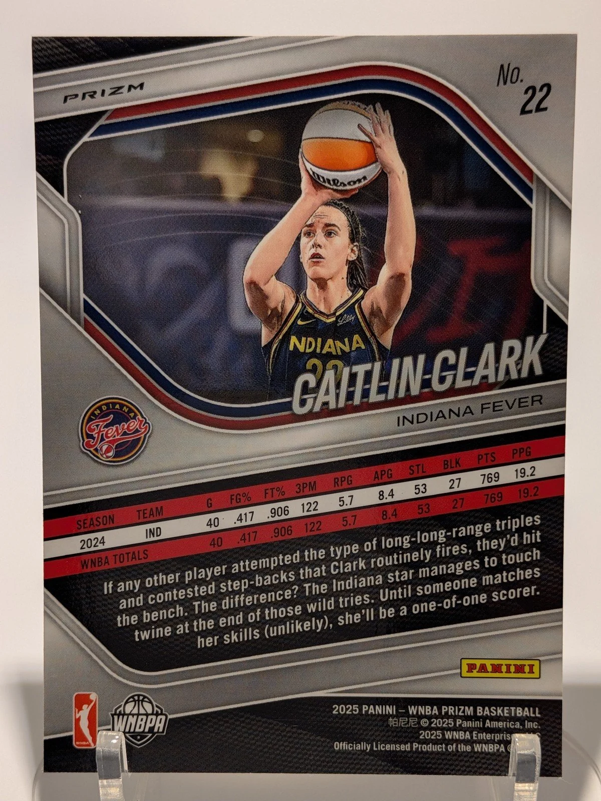 Back of 2025 Panini Prizm WNBA #22 Caitlin Clark Ice Prizms