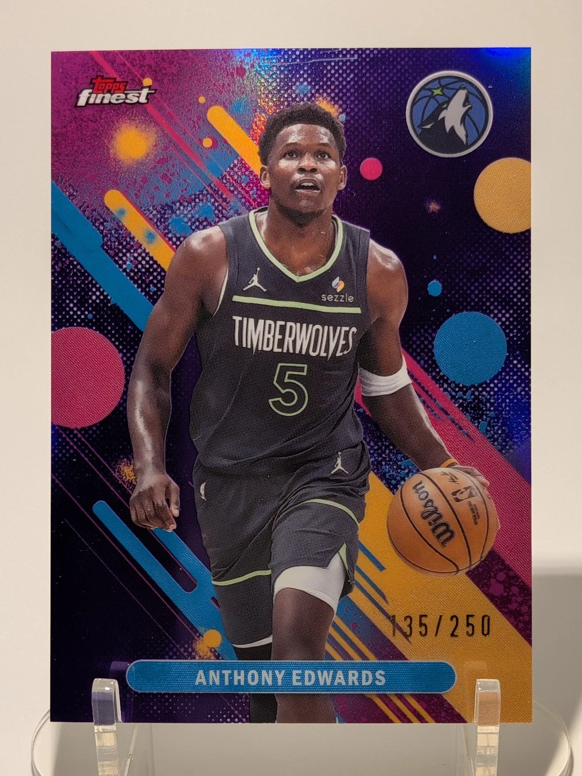 Front of 2025-26 Topps Finest #63 Anthony Edwards Purple Refractor /250