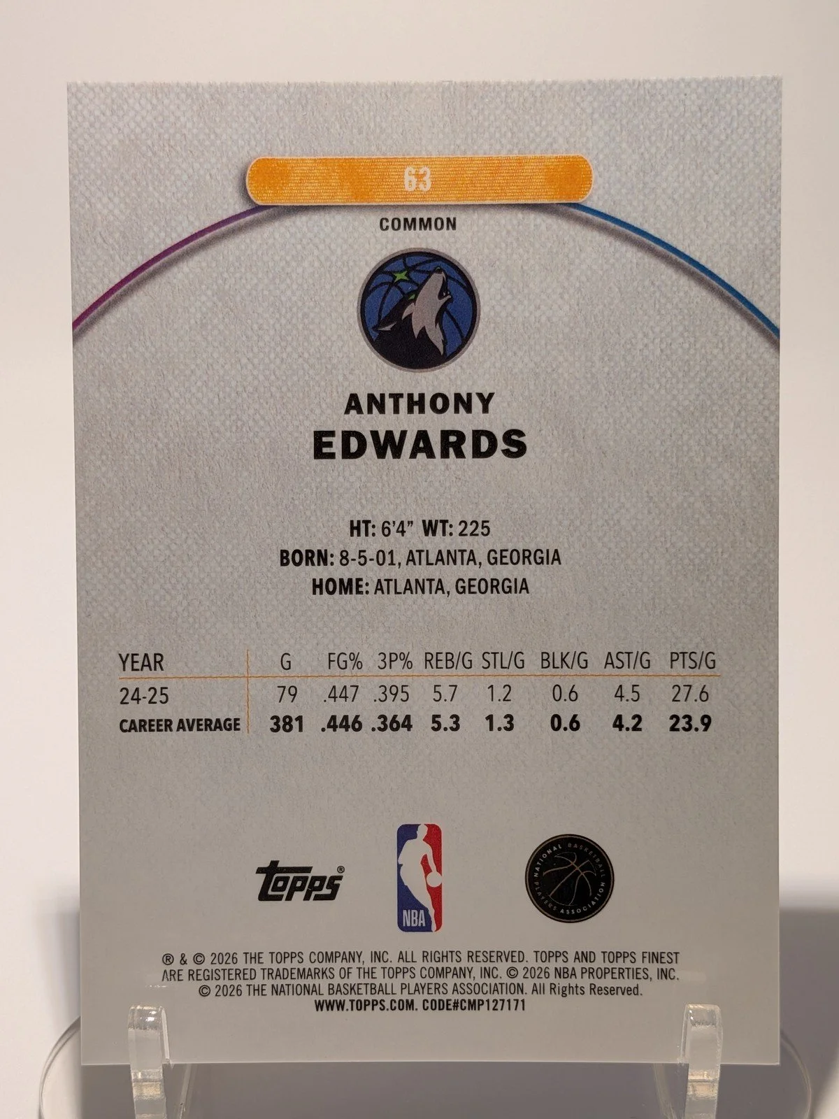 Back of 2025-26 Topps Finest #63 Anthony Edwards Purple Refractor /250