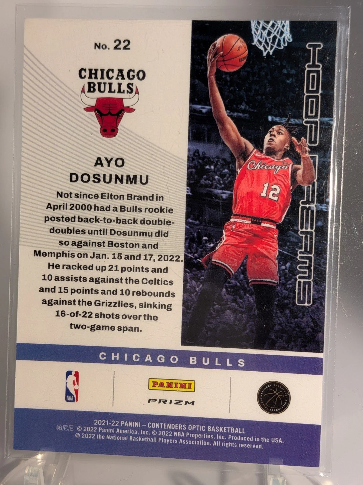 Back of 2021-22 Panini Contenders Optic #22 Ayo Dosunmu Hoop Dreams Red Cracked Ice
