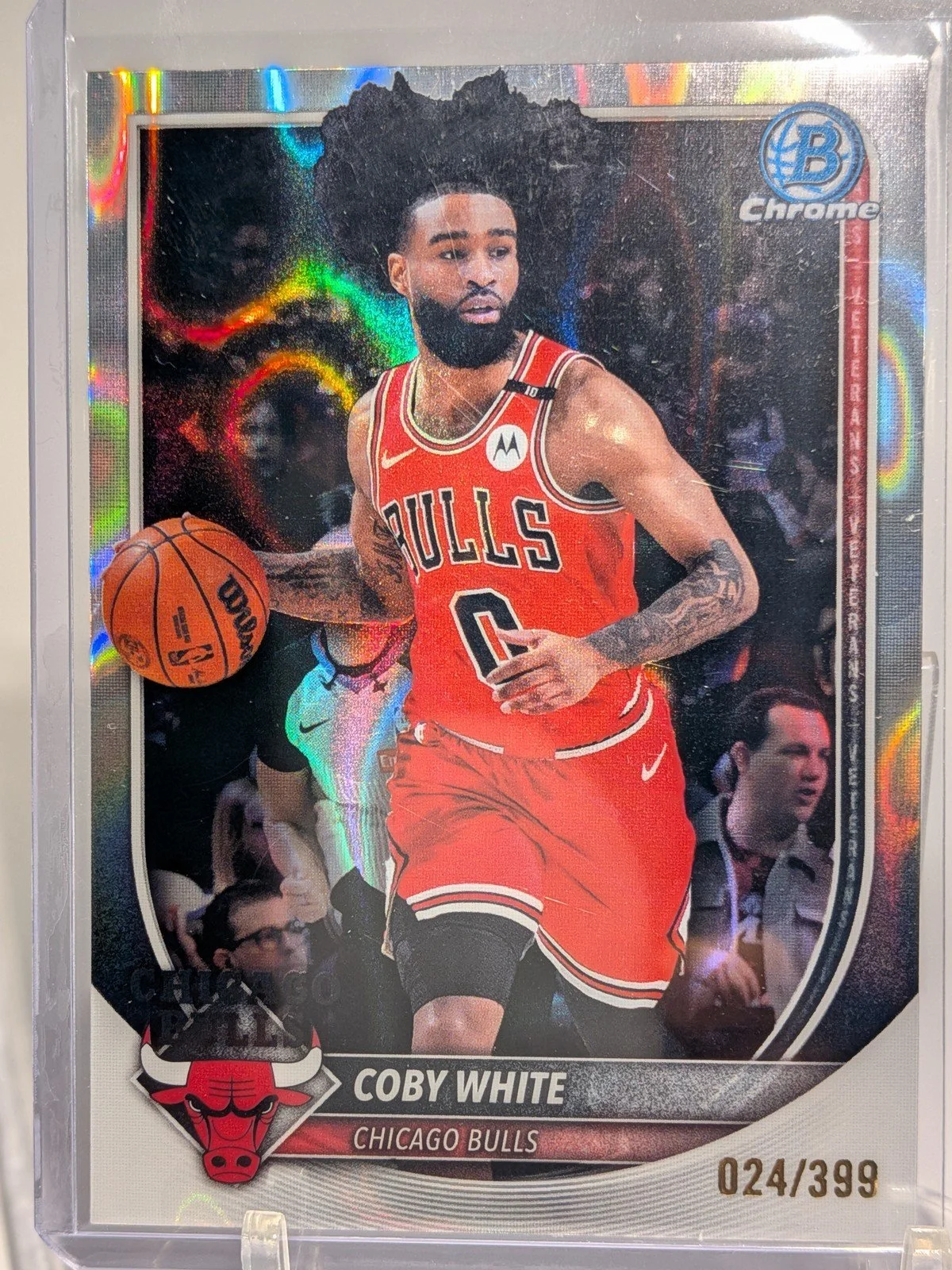 Front of 2025-26 Bowman #BCV-71 Coby White Chrome Lava Refractor #/399