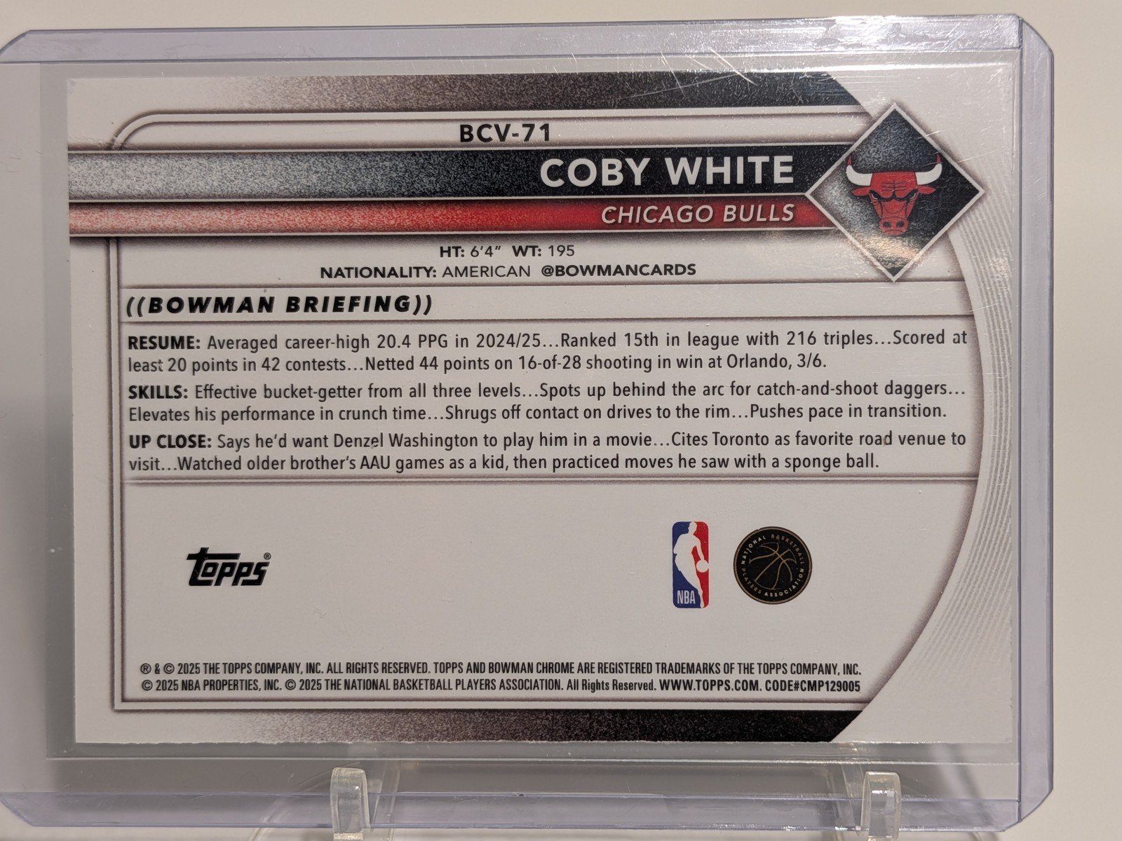 Back of 2025-26 Bowman #BCV-71 Coby White Chrome Lava Refractor #/399