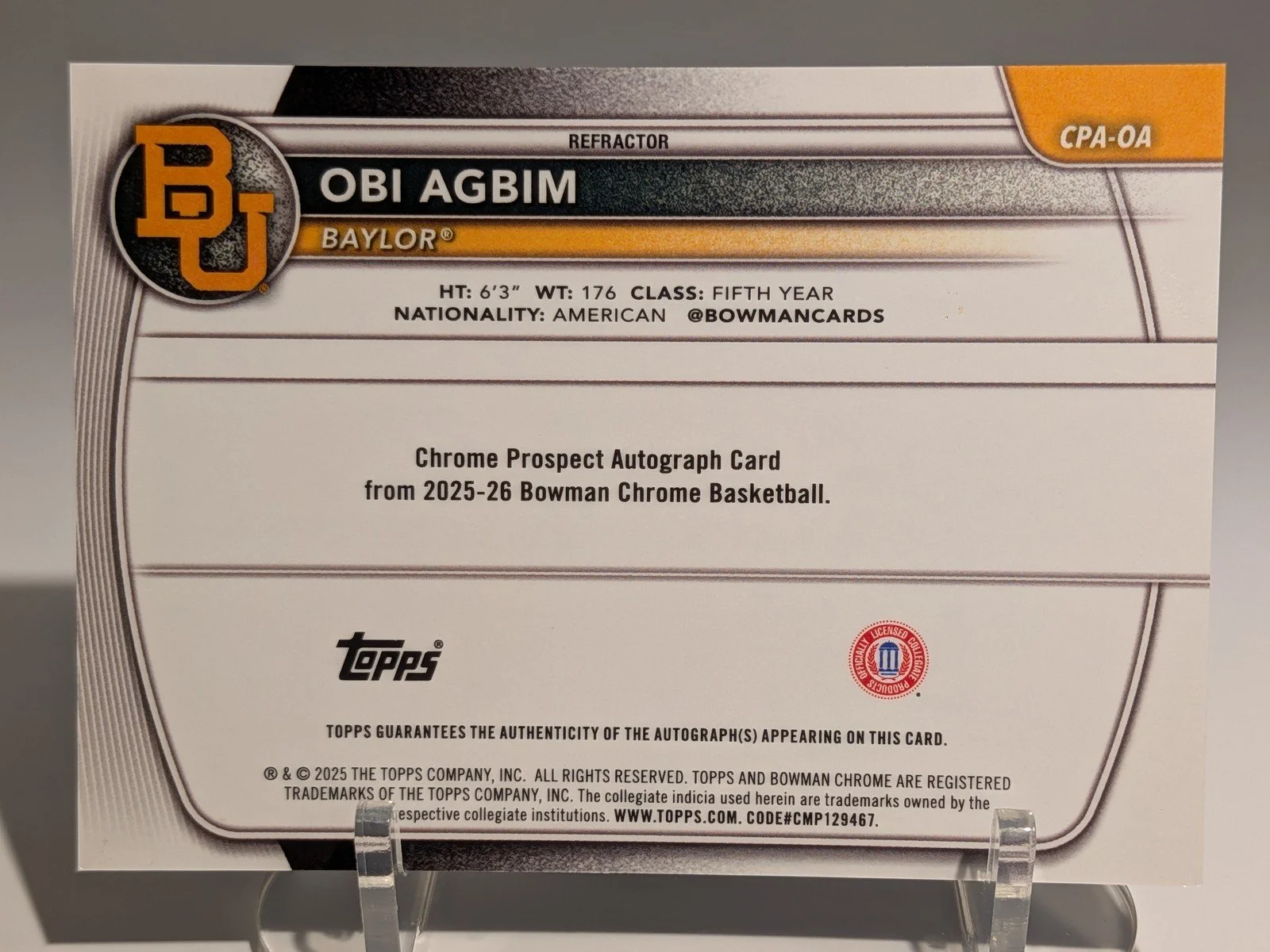 Back of 2025-26 Bowman #CPA-OA Obi Agbim Chrome Prospect Autographs Refractor #/499